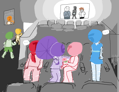 7 and 6 make eyes at each other in the front row of a theater, with 7 offering 6 their flower. 1 sits next to them in their scarf, annoyed at 6's umbrella. 5 stands in their dress on the opposite side, also annoyed, watching them. 4, in shorts, is seen leaving the theater with a drink, right behind 3, who is drinking a juice box. A missing poster hangs above them showing 2 posing with their violin. Sus watches from the projection booth, clasping his gloved hands silently. Fullest stands across the projector in a labcoat, arms crossed behind his back. Bright light emanates from the room.