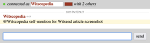 A user called Witscopedia sending the following message: "@Witscopedia self-mention for Witsend article screenshot". The message appears highlighted because the user is logged in as Witscopedia