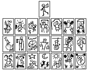 A set of the 21 major arcana tarot cards, drawn in a 1-bit, low-resolution style. The faces on each card have all been replaced with the same image of sus; several cards have mismatched pixel densities.