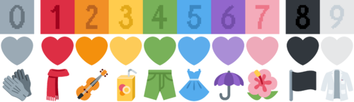 A grey zero, red one, orange two, yellow three, green four, blue five, purple six, pink seven, black eight, and white nine. Beneath are the corresponding heart emoji, and beneath that are emoji depicting grey gloves, a red scarf, an orange violin, a yellow juicebox, green shorts, a blue dress, a purple umbrella, a pink hibiscus, a black flag, and a white labcoat.