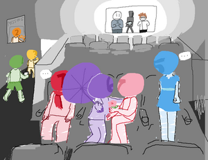 7 and 6 make eyes at each other in the front row of a theater, with 7 offering 6 their flower. 1 sits next to them in their scarf, annoyed at 6's umbrella. 5 stands in their dress on the opposite side, also annoyed, watching them. 4, in shorts, is seen leaving the theater with a drink, right behind 3, who is drinking a juice box. A missing poster hangs above them showing 2 posing with their violin. Sus watches from the projection booth, clasping his gloved hands silently. Fullest stands across the projector in a labcoat, arms crossed behind his back. Bright light emanates from the room.