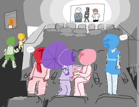7 and 6 make eyes at each other in the front row of a theater, with 7 offering 6 their flower. 1 sits next to them in their scarf, annoyed at 6's umbrella. 5 stands in their dress on the opposite side, also annoyed, watching them. 4, in shorts, is seen leaving the theater with a drink, right behind 3, who is drinking a juice box. A missing poster hangs above them showing 2 posing with their violin. Sus watches from the projection booth, clasping his gloved hands silently. Fullest stands across the projector in a labcoat, arms crossed behind his back. Bright light emanates from the room.