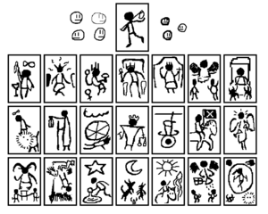 A set of the 21 major arcana tarot cards, drawn in a 1-bit, low-resolution style. Some cards have mismatched pixel densities. Beside the first card are various sus faces.